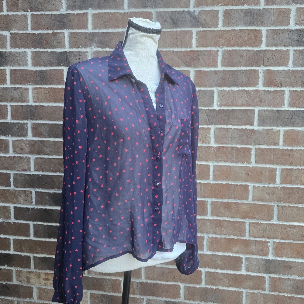 Papaya Navy With Red Hearts Button Down Shirt